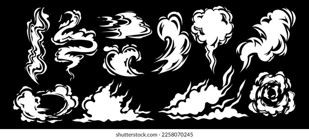 Flash jump clouds. Smoke objects. Swirling gas effect. Car fume. Wind or white mist. Force dust. Sprite blast. Speed shot. Vapor steam. Comic elements set. Vector cartoon garish clipart