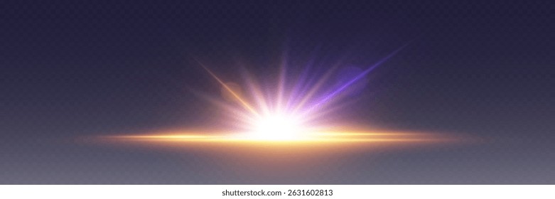 Flash of lens and light, explosion of star and rays. On a transparent background.