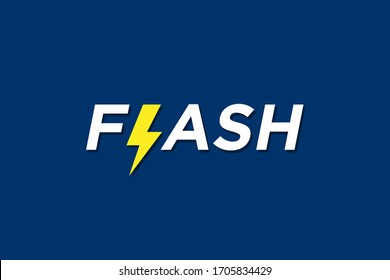 Flash Lettering with Yellow Thunder Bolt Icon isolated on Blue Background. Usable for Business, Technology and Electricity Logos. Flat Vector Logo Design Template Element.