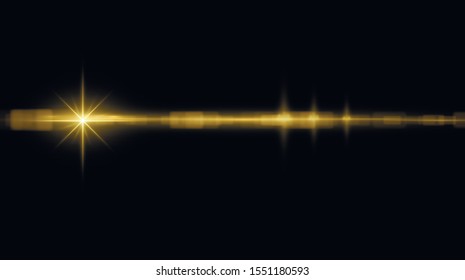 Flash of light for cinematic text. Yellow horizontal flash. Laser beams, horizontal light beams. Bokeh effect. light from a lens with highlights. Beautiful light flashes dust.