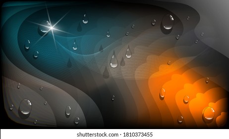 a flash of light, drops of transparent liquid against the background of smooth thin lines and overlapping translucent azure, black, orange shapes with wavy edges. dark wallpaper with 3d effects.vector
