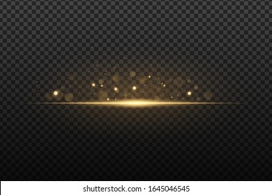 Flash light effect with bokeh glare. Gold glitter on a dark transparent background. Vector illusion. EPS 10