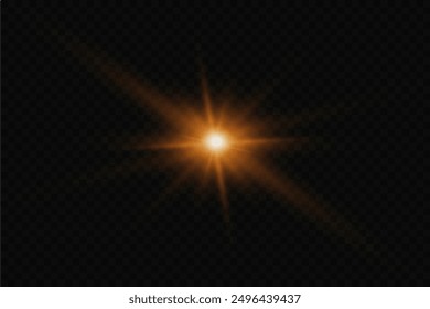 Flash light effect. Golden bright star with a glare of light. On a transparent background.