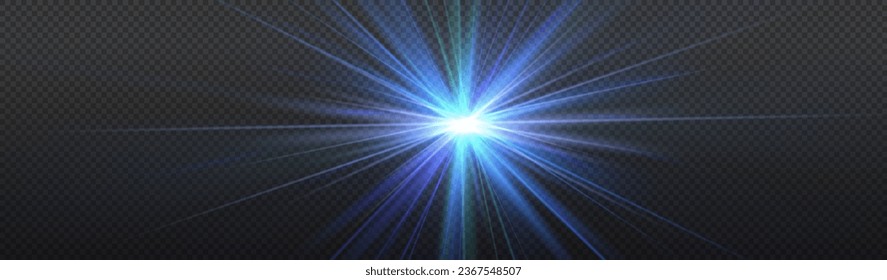Flash light effects, Flare bright Camera light or sunlight lens, Stars in space, blue ray background  shiny highlights, vector shimmering elements glow sparkl rays