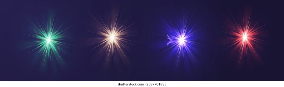 Flash light effects, Flare bright Camera light or sunlight lens, Stars in space, blue ray background shiny highlights, vector shimmering elements glow sparkl
