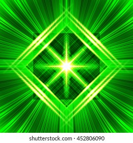 Flash with light frame and radial rays. Beautiful green psychedelic vector background. Bright golden pattern