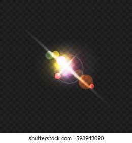 A flash of light from the glare. Beautiful colored rays of light. Vector illustration