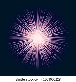 A flash of light on a dark background. Abstract sunburst, digital flare. Vector image.