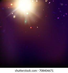 A flash of light over the night background. Bright sparks fall on the night starry sky with a red hue. Vector illustration.