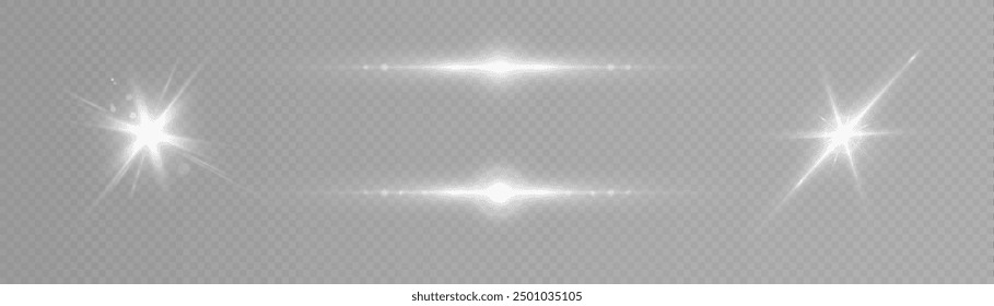 Flash of light PNG with glare and sparkles. Realistic flashes of light. Glowing effects. Set of isolated glares. Shiny glares. Vector shimmering elements on transparent background