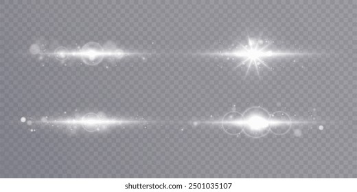 Flash of light PNG with glare and sparkles. Realistic flashes of light. Glowing effects. Set of isolated glares. Shiny glares. Vector shimmering elements on transparent background