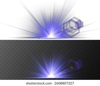 Flash of light radiates quickly from glowing explosion center. Bright light rays flick outward in perfect symmetry. Transparent glow effect adds depth to modern visuals. Glowing light strobe flickers