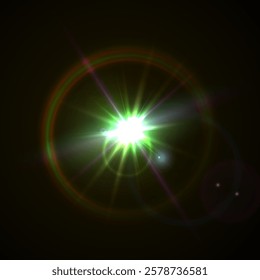 Flash Light Star Effects: Sunny Sparkles, Flash Beams, and Abstract Lens Glows with Bokeh and Dust. Isolated Lighting Elements for Vector Illustrations and Design Concepts