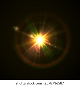 Flash Light Star Effects: Sunny Sparkles, Flash Beams, and Abstract Lens Glows with Bokeh and Dust. Isolated Lighting Elements for Vector Illustrations and Design Concepts