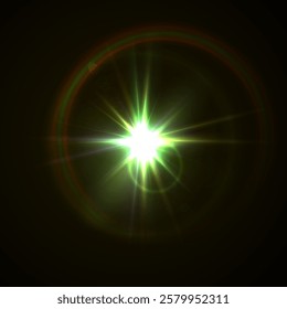 Flash Light Star Effects: Sunny Sparkles, Flash Beams, and Abstract Lens Glows with Bokeh and Dust. Isolated Lighting Elements for Vector Illustrations and Design Concepts