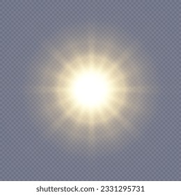 Flash of light, sun, twinkle. The bright sun shines with warm rays, vector illustration Glow of a bright star on a transparent background. Vector