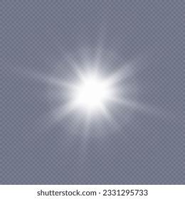 El destello de la luz, el sol, el brillo. El sol brillante brilla con rayos cálidos, ilustración vectorial Glow de una estrella brillante sobre un fondo transparente. Vector