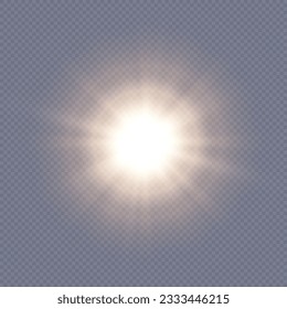  Flash of light, sun, twinkle. The bright sun shines with warm rays, vector illustration Glow of a bright star on a transparent background. Vector