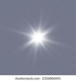 Flash of light, sun, twinkle. The bright sun shines with warm rays, vector illustration Glow of a bright star on a transparent background. Vector