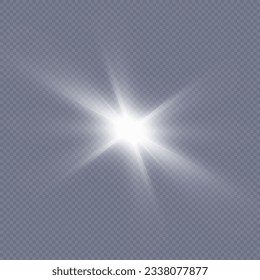 El destello de la luz, el sol, el brillo. El sol brillante brilla con rayos cálidos, ilustración vectorial Glow de una estrella brillante sobre un fondo transparente. Vector