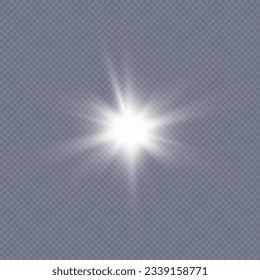 Flash of light, sun, twinkle. The bright sun shines with warm rays, vector illustration Glow of a bright star on a transparent background. Vector