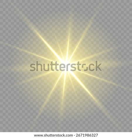 Flash of light, sun, twinkle. Transparent yellow sunlight special lens flash light effect. Twinkling gold star on a transparent background.Bright light effect. Vector for web design and illustrations.