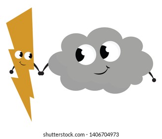 It is a flash of lightning accompanied by thunder in cloud, usually while raining or just before the start of rain., vector, color drawing or illustration. 
