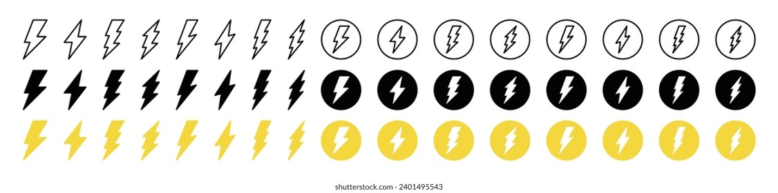 icono del relámpago. Símbolo del icono de energía eléctrica. icono de perno relámpago en línea y estilo plano. Signo y símbolo de energía eléctrica. Ilustración del vector