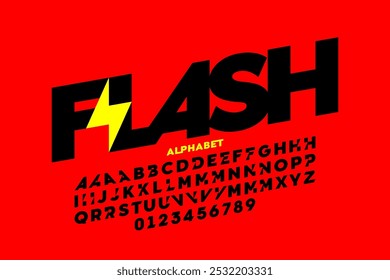 Flash. Schriftdesign im Blitzbolzenstil: Alphabet Buchstaben und Zahlen Vektorgrafik