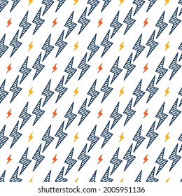 Flash. Lightning Bolts Seamless Pattern. Background with Doodle Lightning Signs, Thunderbolts, Energy Thunder bolt. Vector illustration
