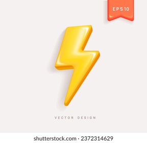 Flash lightning isolated symbol,thunderbolt energy.Battery charge sign.Yellow realistic 3d design.Template vector of conceptual sign of thunderstorm,electricity,battery,electric vehicle,danger