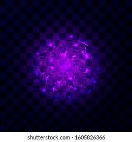 A flash of lightning, magical energy, a powerful electric discharge, an electric ball of blue, pink color. Isolated illustration on dark background. Realistic 3d, vector.