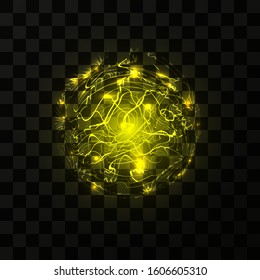 A flash of lightning, magical energy, a powerful electric discharge, an electric ball of blue, pink, yellow color. Isolated illustration on dark background. Realistic 3d, vector.
