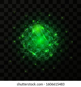 A Flash Of Lightning, Magical Energy, A Powerful Electric Discharge, An Electric Ball Of Green Color. Isolated Illustration On Dark Background. Realistic 3d, Vector, EPS 10