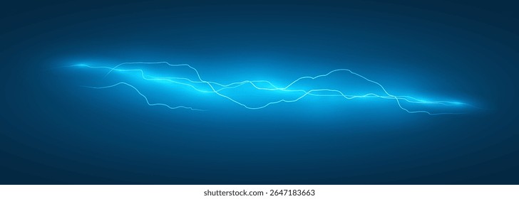 Flash de um raio sobre fundo azul escuro. Raios noturnos. Carga elétrica. Ilustração vetorial