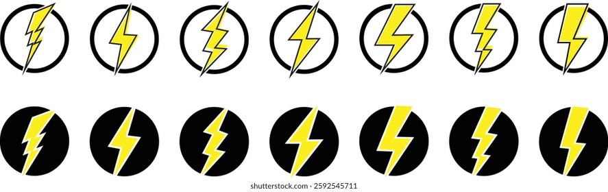 Flash lightning power icon set. Energy and thunder electricity symbol concept. Thunder bolt flash vectors isolated on transparent background, yellow flash lightning bolt icons. Vector illustration.