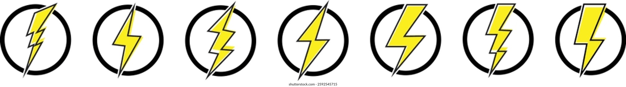 Flash lightning power icon set. Energy and thunder electricity symbol concept. Thunder bolt flash vectors isolated on transparent background, yellow flash lightning bolt icons. Vector illustration.