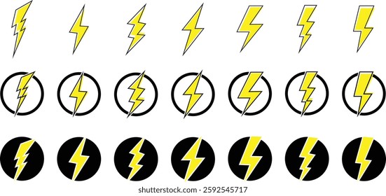 Flash lightning power icon set. Energy and thunder electricity symbol concept. Thunder bolt flash vectors isolated on transparent background, yellow flash lightning bolt icons. Vector illustration.