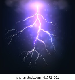 Flash of lightning with shine. Vector illustration with realistic effect of electrical discharge on dark blue background. Weather with storm and thunder