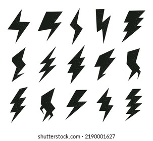 Flash lightning silhouettes, natural electrical phenomenon elements. Lightning electric strikes, thunderstorm vector flat vector symbols illustration set. Doodle electrical strikes collection