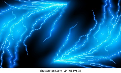 Flash of lightning and thunderstorm on a dark background. Blue lightning, electrical discharge, thunderflash, all on a dark background. Vector.