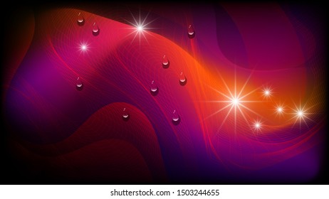 flash lights and drops of a transparent liquid on a red-yellow deformed grid against a background of a mixture of red, purple and black. Abstract art wallpaper with 3D effect. vector image