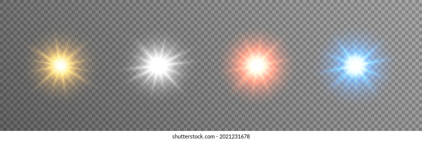 Flash lights set on transparent backdrop. Color stars collection. Bright Christmas elements. Gold, silver and bronze light effect. Sparkling blue flares. Vector illustration.