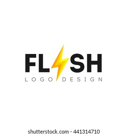 Flash logo sign design with lightning symbol. Lighting yellow bolt Flash abstract Speed Energy vector element template. Lighting Flash Logotype concept Power Energy Speed icon