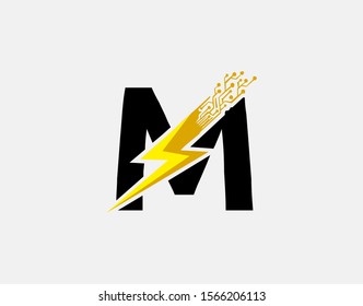 Flash M Letter Logo Icon, Electrical Bolt With Circuit Line Shape and Initial M Letter Logo Design.