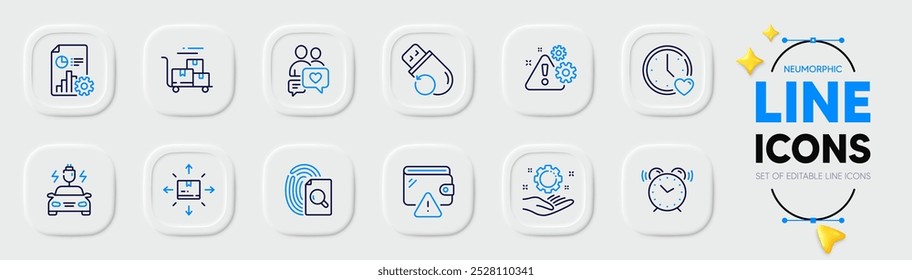 Memória flash, mão do funcionário e ícones de linha de bate-papo de namoro para aplicativo Web. Pacote de ícones de pictograma de Carteira, Aviso, Relógio de alarme. Carrinho de entrega, Namoro, Inspecionar sinais. Caixa de cartão. Vetor