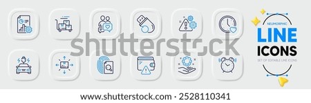 Flash memory, Employee hand and Dating chat line icons for web app. Pack of Wallet, Warning, Alarm clock pictogram icons. Delivery cart, Dating, Inspect signs. Cardboard box. Vector