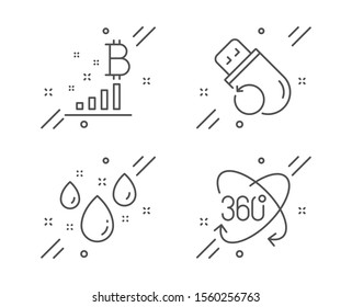 Flash memory, Rainy weather and Bitcoin graph line icons set. Full rotation sign. Recovery usb, Water drop, Cryptocurrency analytics. 360 degree. Science set. Line flash memory outline icon. Vector