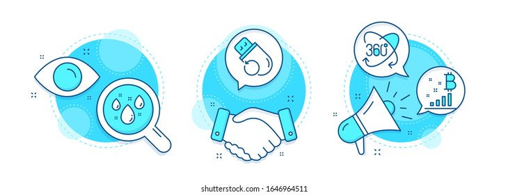 Flash memory, Rainy weather and Bitcoin graph line icons set. Handshake deal, research and promotion complex icons. Full rotation sign. Recovery usb, Water drop, Cryptocurrency analytics. Vector