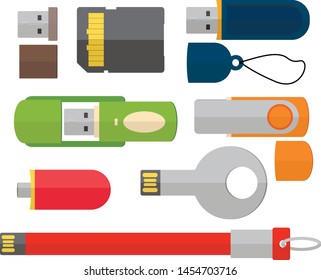 Flash memory set. Illustration USB in flat style. Vector tech icon flash drive.